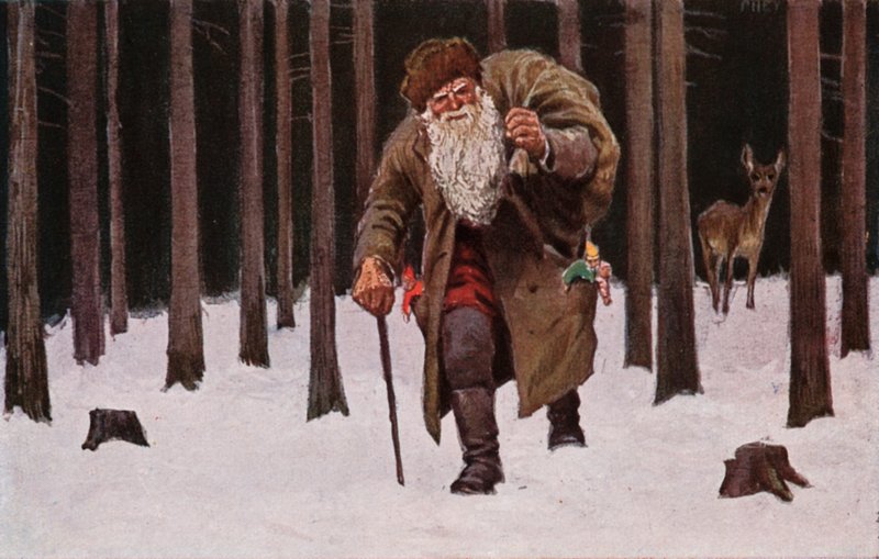 Noel kartı, Noel Baba elinde hediye torbasıyla karda yürüyor, arka planda geyik (renkli taş baskı) by European School