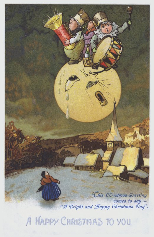 Karlı bir kasabanın üzerindeki ayda bir grup müzisyeni tasvir eden Noel tebrik kartı. (chromolitho) by European School