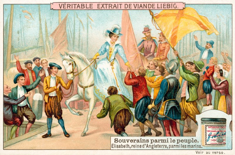Donanmasının denizcileri arasında İngiltere Kralı I. Elizabeth (chromolitho) by European School