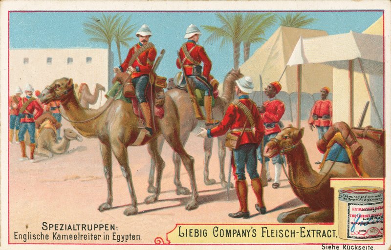 Deve üzerinde İngiliz askerleri, Liebig kartı, 20. yüzyıl başı (kromo) by European School