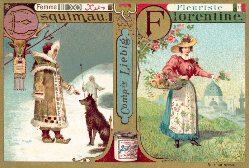 Eskimo kadın ve Floransalı çiçekçi (chromolitho) by European School