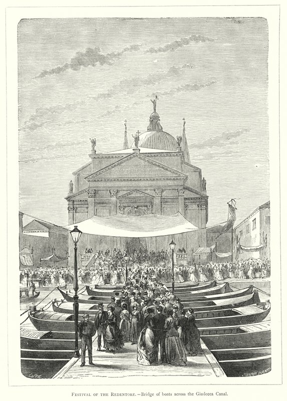 Redentore Festivali, Giudecca Kanalı boyunca tekneler köprüsü (gravür) by European School