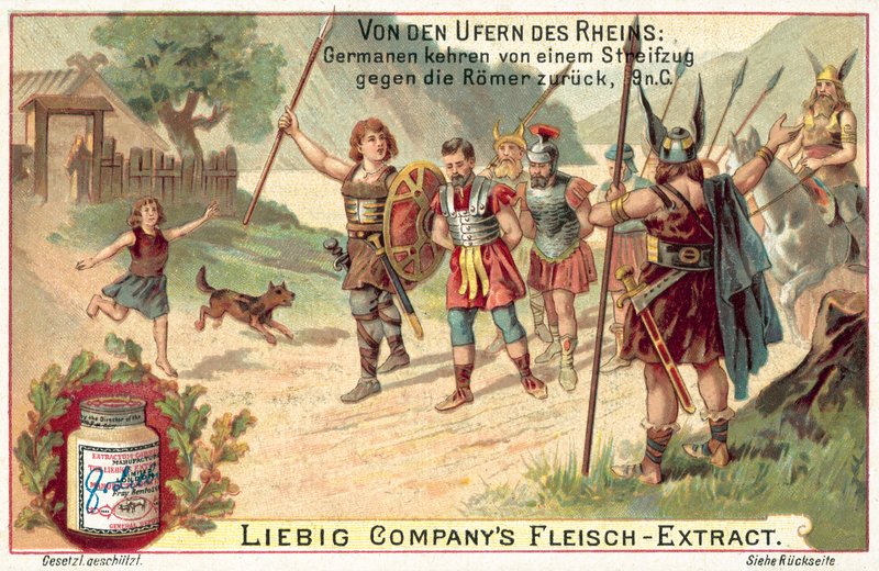 Romalılara yapılan bir baskından dönen Germen savaşçılar, MS 9 (chromolitho) by European School