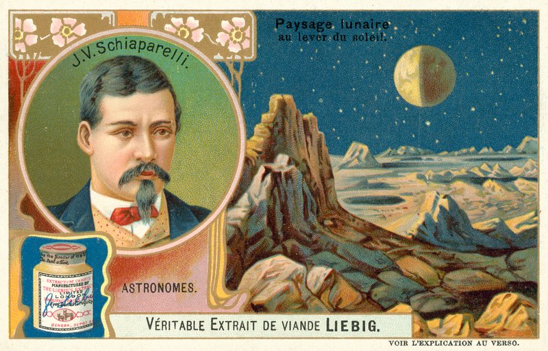 Giovanni Schiaparelli ve gün doğumunda Ay'ın yüzeyi (chromolitho) by European School