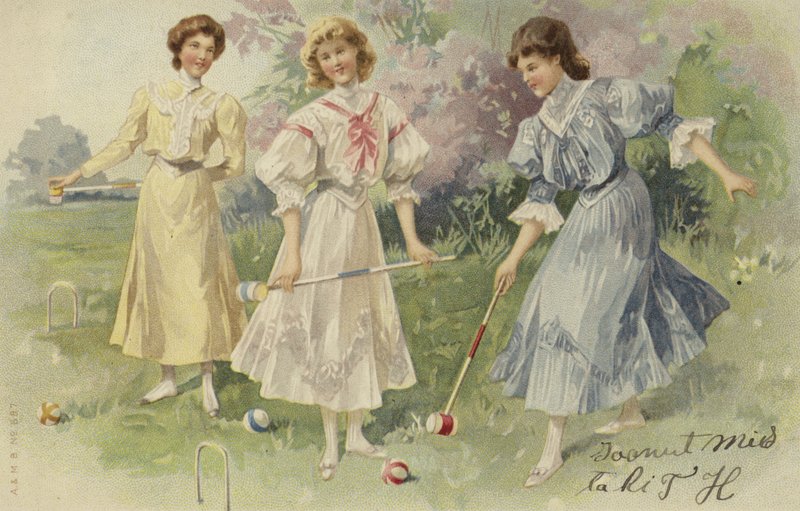 Kroket oynayan kızlar (chromolitho) by European School