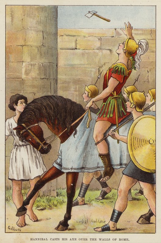 Hannibal baltasını Roma surlarının üzerinden atıyor (chromolitho) by European School