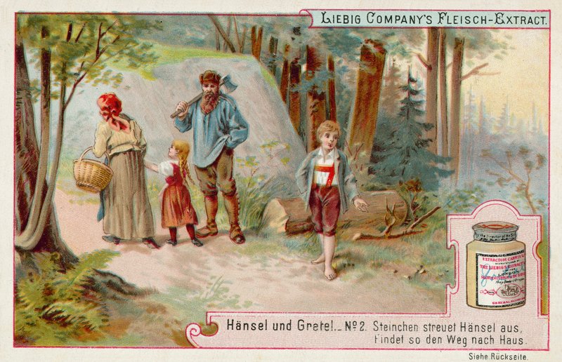 Hansel ve Gretel: Hansel eve dönüş yolunu bulmak için bir çakıl izi bırakıyor (chromolitho) by European School