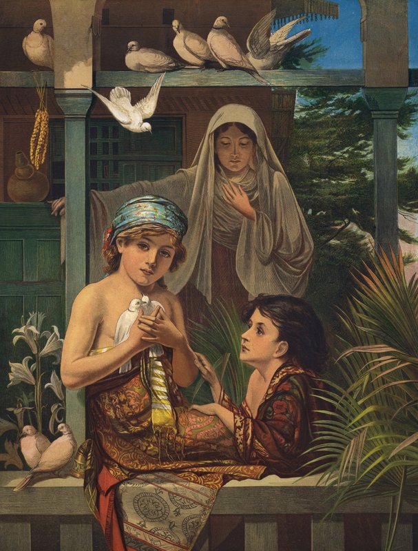 İsa Mesih ve Vaftizci Yahya erkek olarak, Meryem Ana ile (renkli gravür) by European School