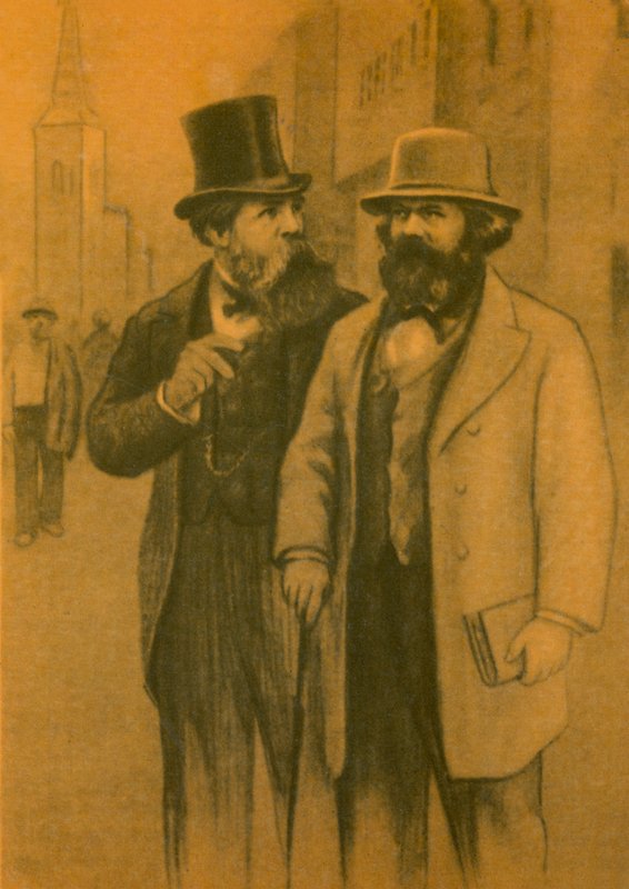 Karl Marx ve Friedrich Engels, Alman Komünist filozoflar ve ekonomistler (renkli taş baskı) by European School