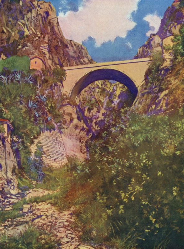Menton, Le Pont St-Louis (renkli taş baskı) by European School