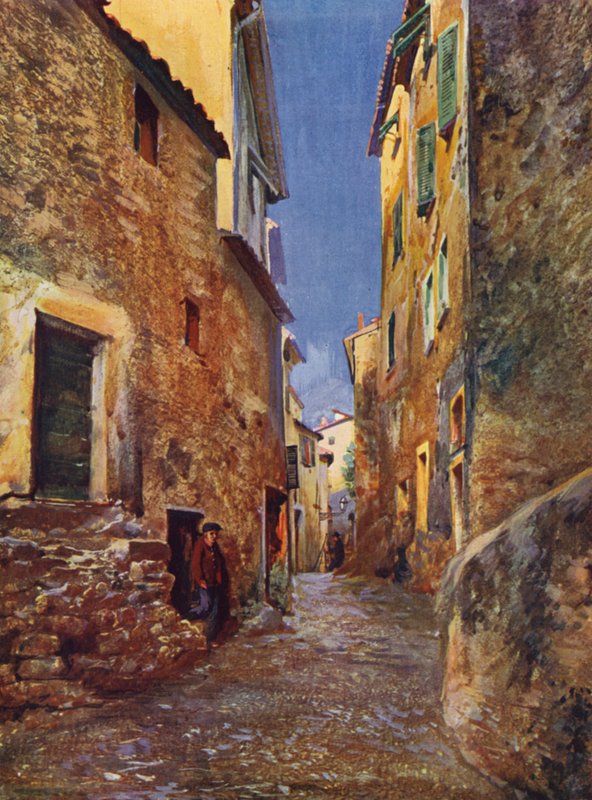 Menton, Rue dans la Vieille Ville (renkli taş baskı) by European School