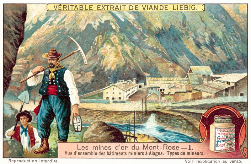 Monte Rosa altın madenlerindeki madenciler ve maden binaları, İtalya (chromolitho) by European School
