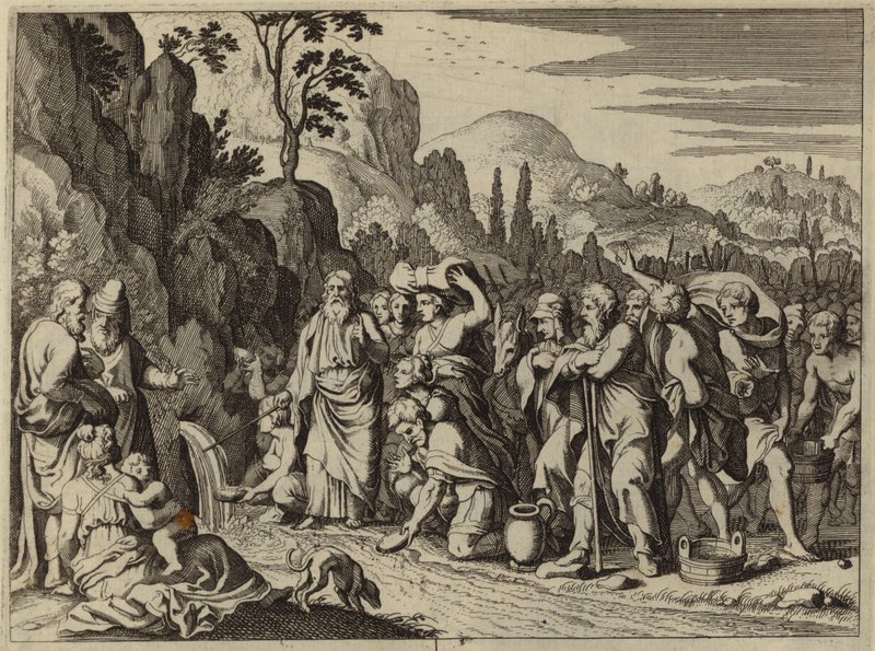 Musa, su çıkarmak için değneğiyle kayaya vuruyor (gravür) by European School