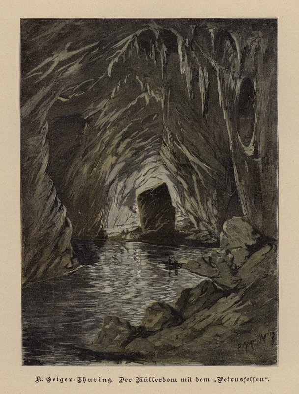 Mullerdom ve Petrusfelsen (Muller Hall ve Aziz Petrus Kayası), Skokjan Mağaraları, Slovenya (renkli gravür) by European School