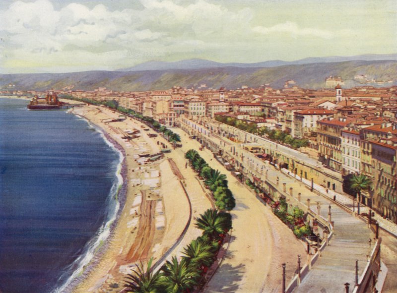 Nice, Quai du Midi ve Vue Generale (renkli taş baskı) by European School
