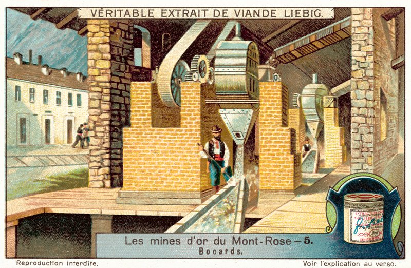 Monte Rosa altın madenlerinde cevher değirmeni, İtalya (chromolitho) by European School