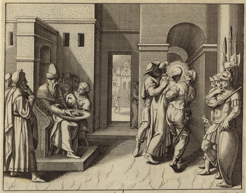 Pontius Pilatus, İsa Mesih ölüme mahkum edildikten sonra ellerini yıkıyor (gravür) by European School