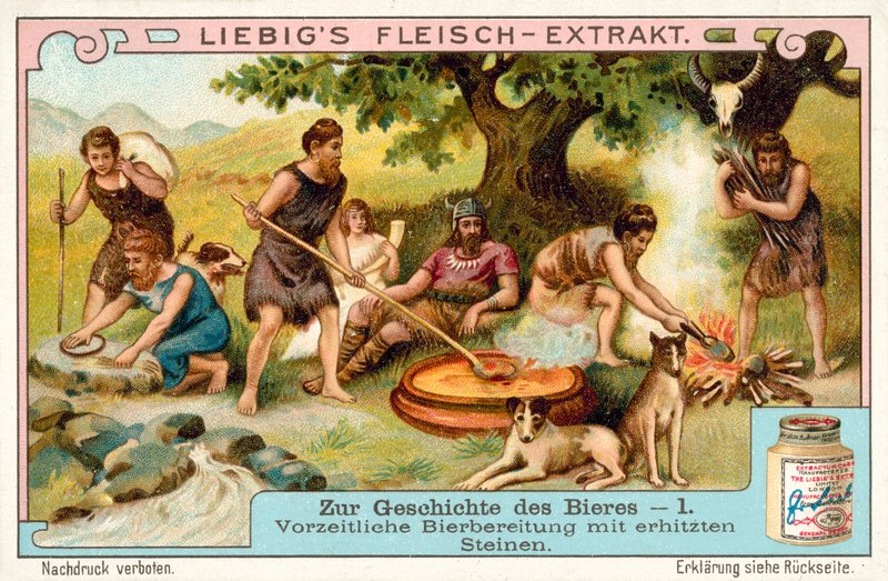 Isıtılmış taşlar kullanılarak tarih öncesi bira üretimi (chromolitho) by European School