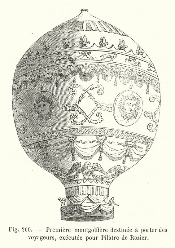 Yolcuları taşımak için tasarlanan ilk sıcak hava balonu, Pilatre de Rozier için yapıldı (gravür) by European School