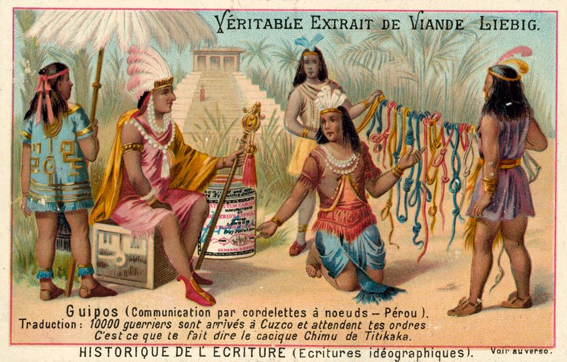 Quipus, düğümlü teller kullanan iletişim sistemi, Peru (chromolitho) by European School