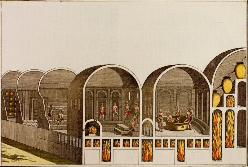 Yerden ısıtmalı Roma hamamı (renkli gravür) by European School