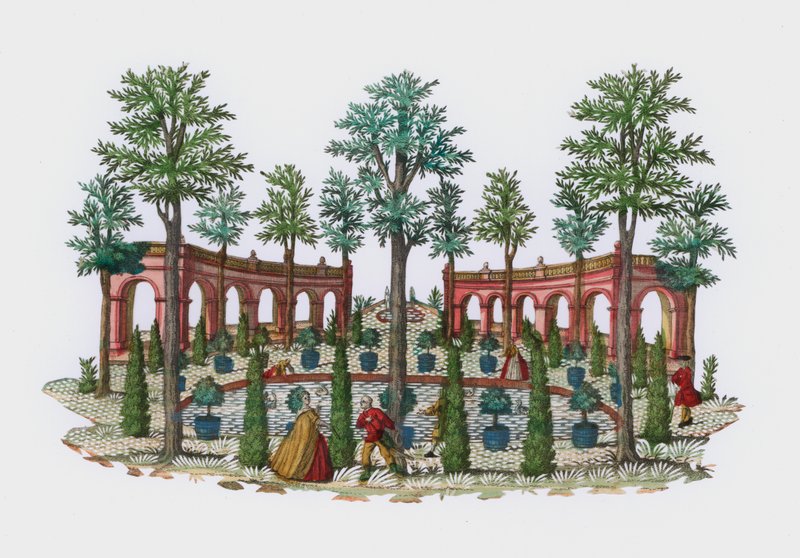 İtalyan tarzında bir bahçede sahne (renkli gravür) by European School