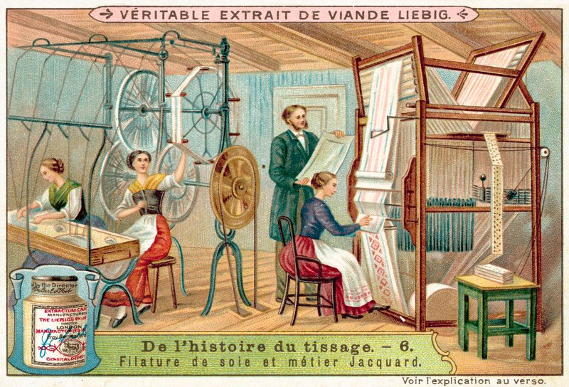İplik ipek ve Jakarlı dokuma tezgahı (chromolitho) by European School