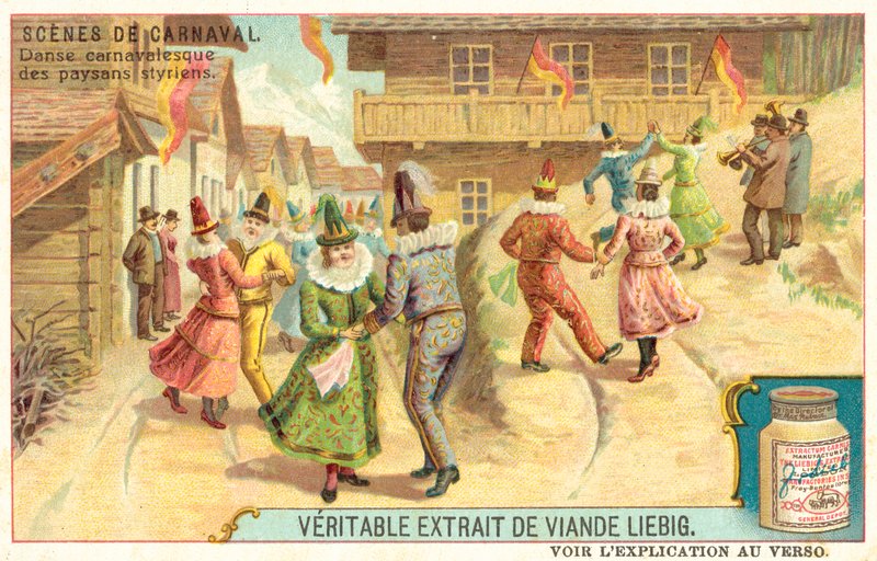 Steiermark köylü karnaval dansı, Avusturya (chromolitho) by European School