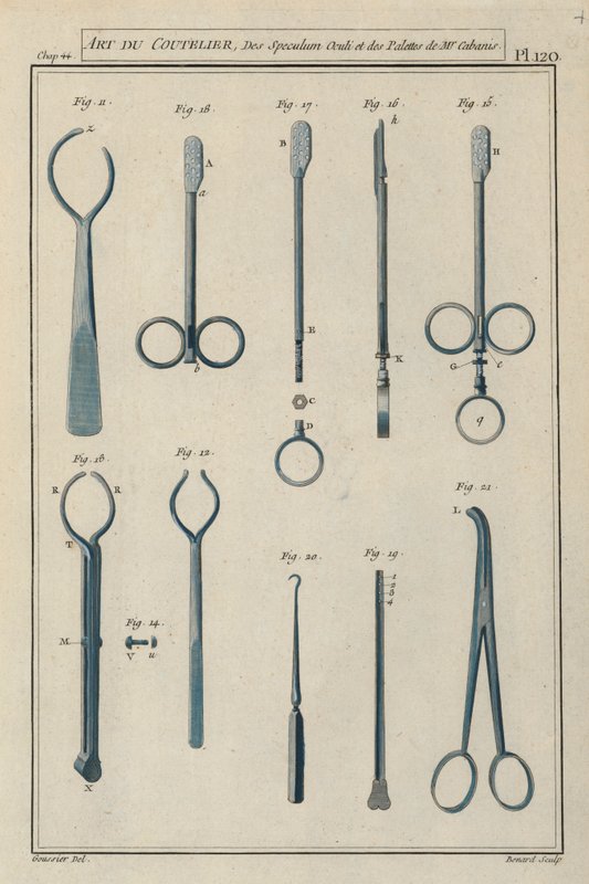 Fransız cerrah Pierre Jean Georges Cabanis tarafından kullanılan cerrahi aletler (renkli gravür) by European School
