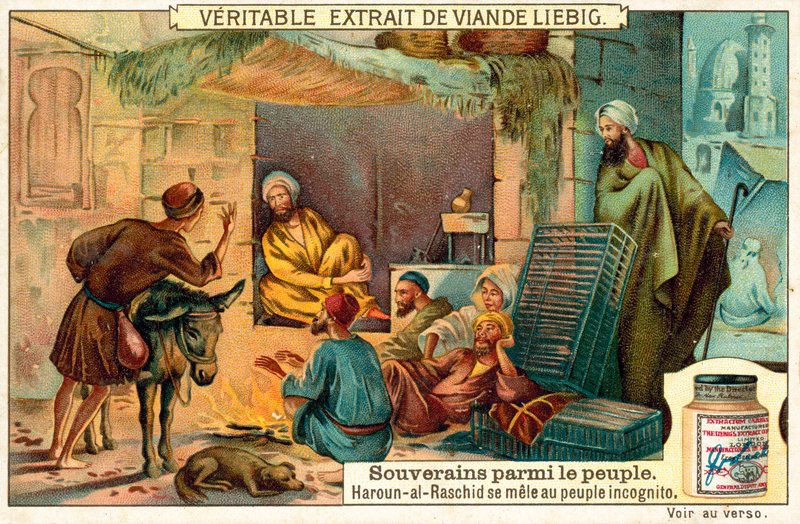 Abbasi halifesi Harun el-Rashid, halkıyla gizlice karışıyor (chromolitho) by European School