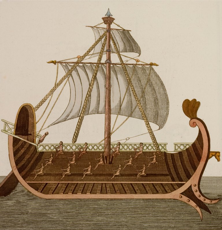 Trireme, eski Fenikeliler, Yunanlılar ve Romalılar tarafından kullanılan savaş gemisi (renkli gravür) by European School