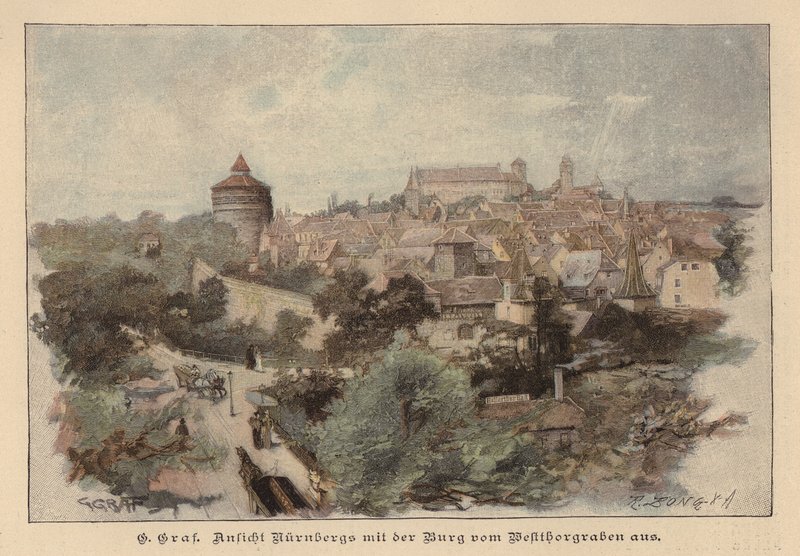 Nürnberg ve kalesinin görünümü, Almanya (renkli gravür) by European School