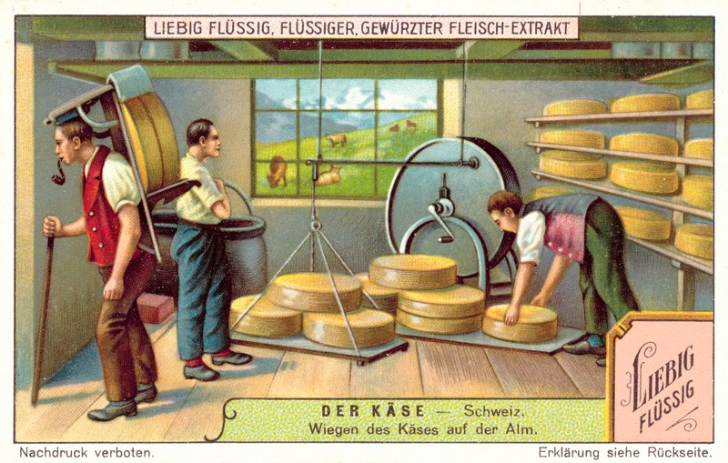 Bir dağ mandırasında İsviçre peynirlerinin tartılması (chromolitho) by European School
