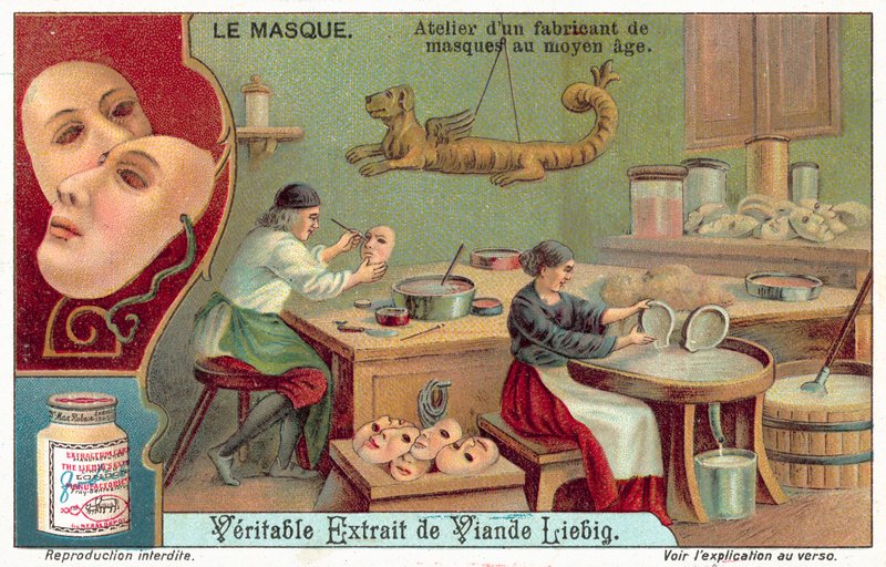 Bir ortaçağ maske üreticisinin atölyesi (chromolitho) by European School