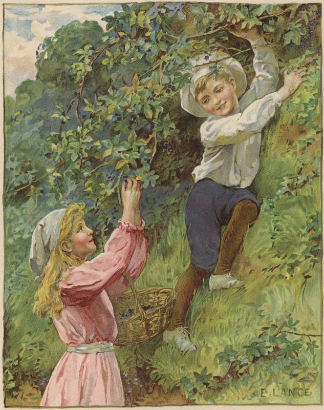 A young girl and a young boy picking blackberries  by Eveline Lance