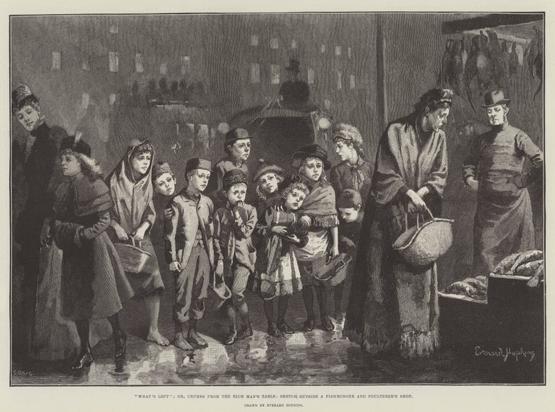 Ne kaldı; veya, Zengin Adamın Masasından Kırıntılar, Bir Balıkçı ve Tavukçu Dükkanının Dışında Eskiz by Everard Hopkins