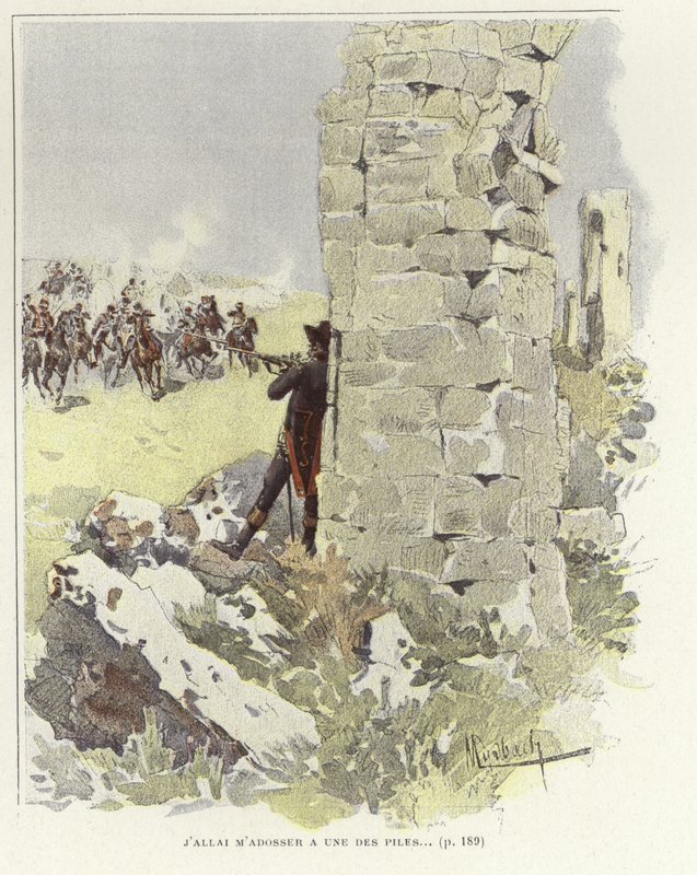 Yaklaşan saldırıya nişan alırken bir asker yıkık bir duvara yaslanıyor by Felicien baron de Myrbach Rheinfeld