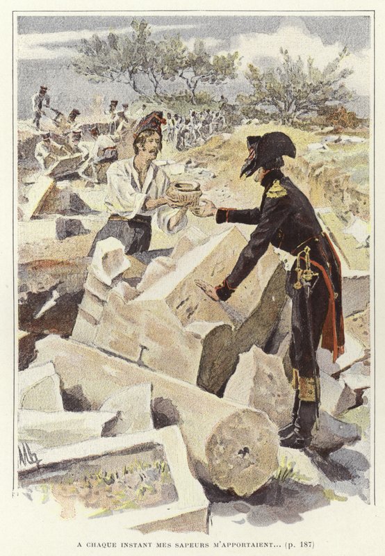 Niğbolu harabeleri arasında bir asker başka bir askere çömlek veriyor. by Felicien baron de Myrbach Rheinfeld