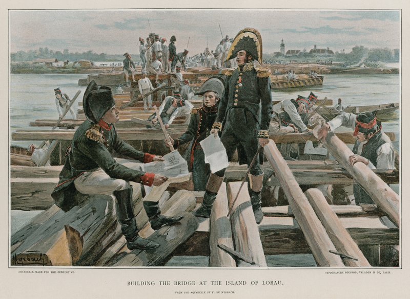 Building the bridge at the Island of Lobau  by Felicien baron de Myrbach Rheinfeld