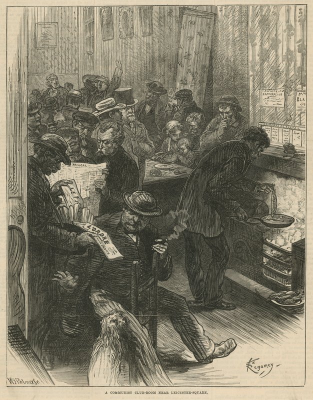 Leicester Meydanı yakınında bir komünist kulüp odası (gravür) by Felix Elie Regamey