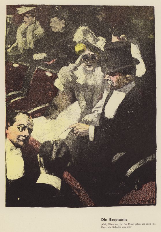 Tiyatroda bir çift opera gözlüğünden bakan kadın (renkli taş) by Ferdinand von Reznicek