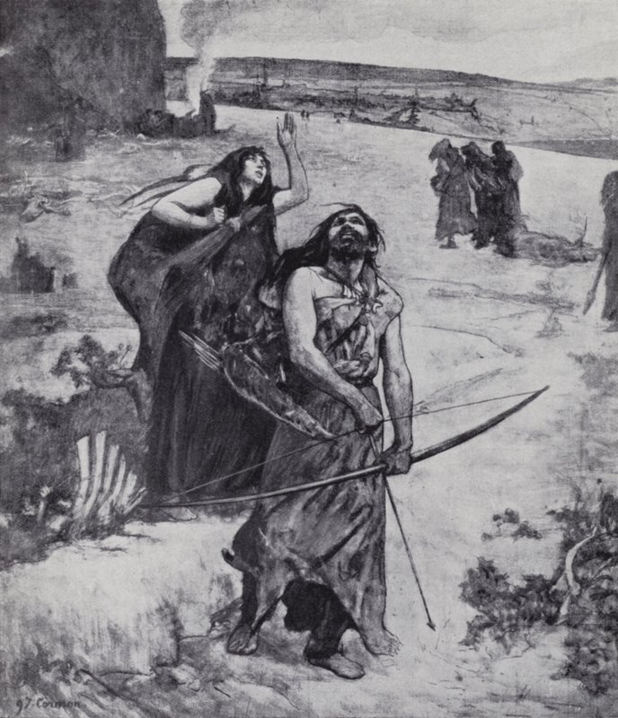 Buz Devri adamı ok ve yay ile avlanmayı öğreniyor (lito) by Fernand (after) Cormon