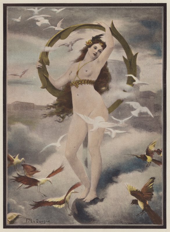 Kuşlarla çevrili kadın (renkli taş) by Fernand Le Quesne