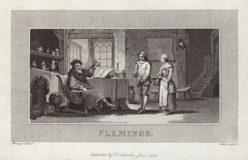 Flamanlar. Hizmetçilerin ve efendinin gravürü. by Flemish School