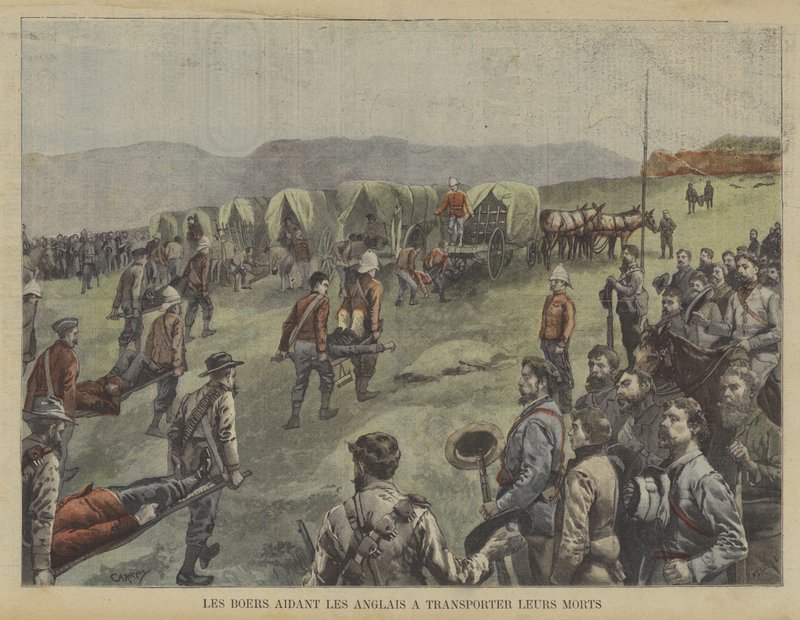 Boers, İngilizlerin ölülerini savaş alanından taşımasına yardım ediyor by Fortune Louis Meaulle