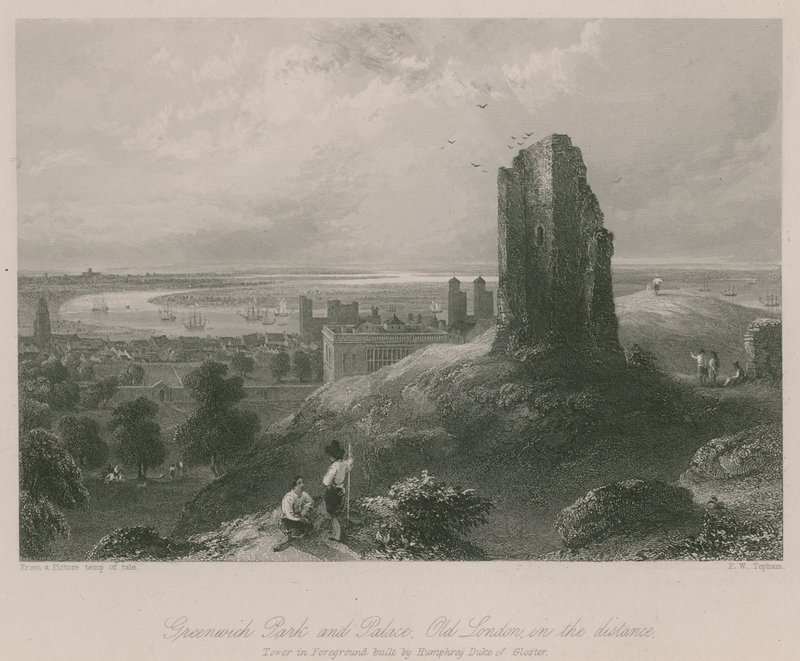 Greenwich Park ve Sarayı, uzaktaki Eski Londra by Francis William Topham
