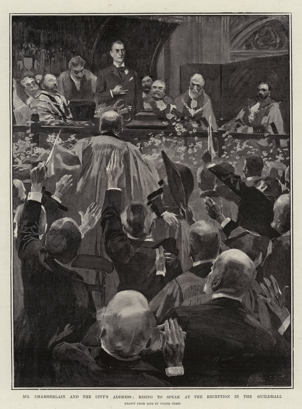 Bay Chamberlain ve Şehrin Adresi, Guildhall'daki Resepsiyonda konuşmak için ayağa kalkıyor by Frank Craig