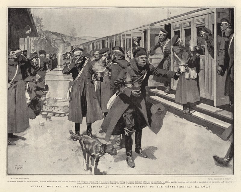 Transsibirya Demiryolundaki Yol Kenarı İstasyonunda Rus Askerlerine Çay Sunmak by Frank Craig
