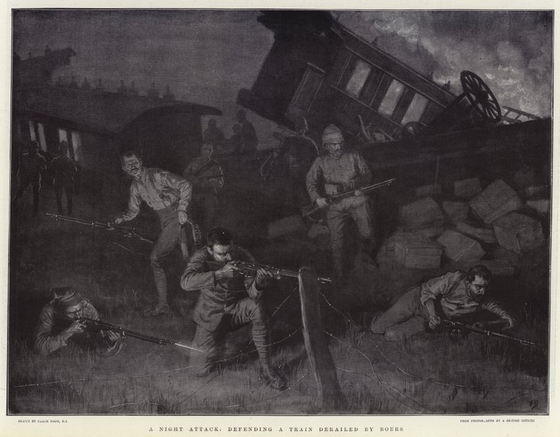 Boers tarafından raydan çıkan bir Treni savunan bir Gece Saldırısı by Frank Dadd