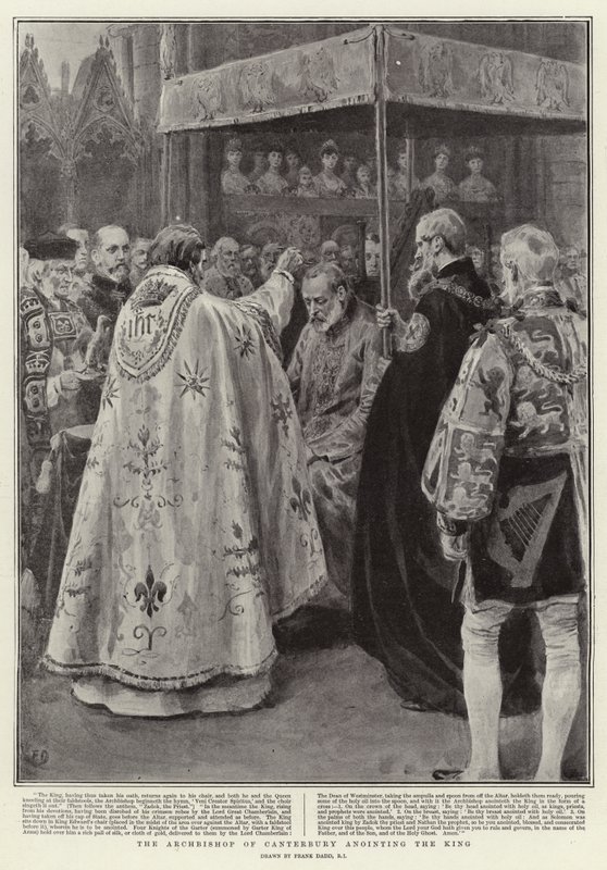 Canterbury Başpiskoposu Kralı meshediyor by Frank Dadd